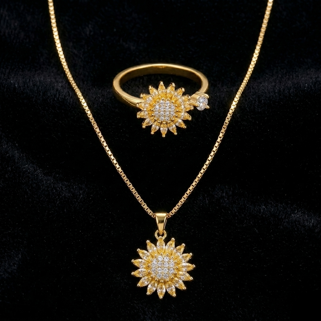 Set Collar Vertex Crystal Sunflower Y Anillo Aura Solar Bloom -Pago Al Recibir