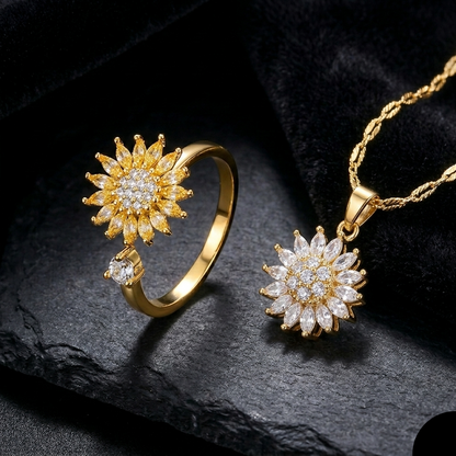 Set Collar Vertex Crystal Sunflower Y Anillo Aura Solar Bloom -Pago Al Recibir