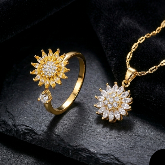 Set Collar Vertex Crystal Sunflower Y Anillo Aura Solar Bloom -Pago Al Recibir