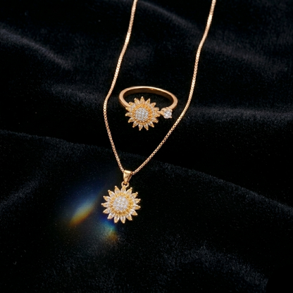 Set Collar Vertex Crystal Sunflower Y Anillo Aura Solar Bloom -Pago Al Recibir