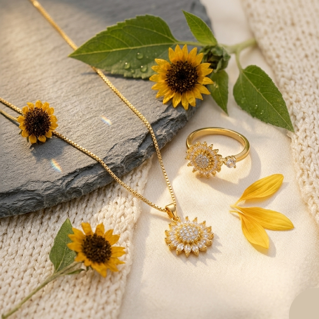 Set Collar Vertex Crystal Sunflower Y Anillo Aura Solar Bloom -Pago Al Recibir