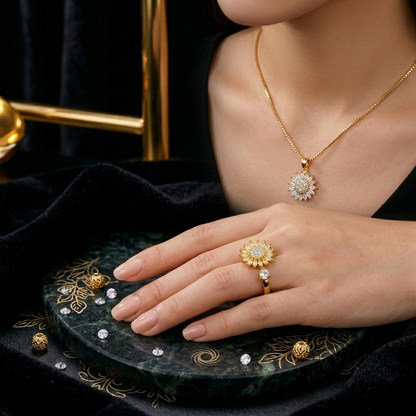 Set Collar Vertex Crystal Sunflower Y Anillo Aura Solar Bloom -Pago Al Recibir